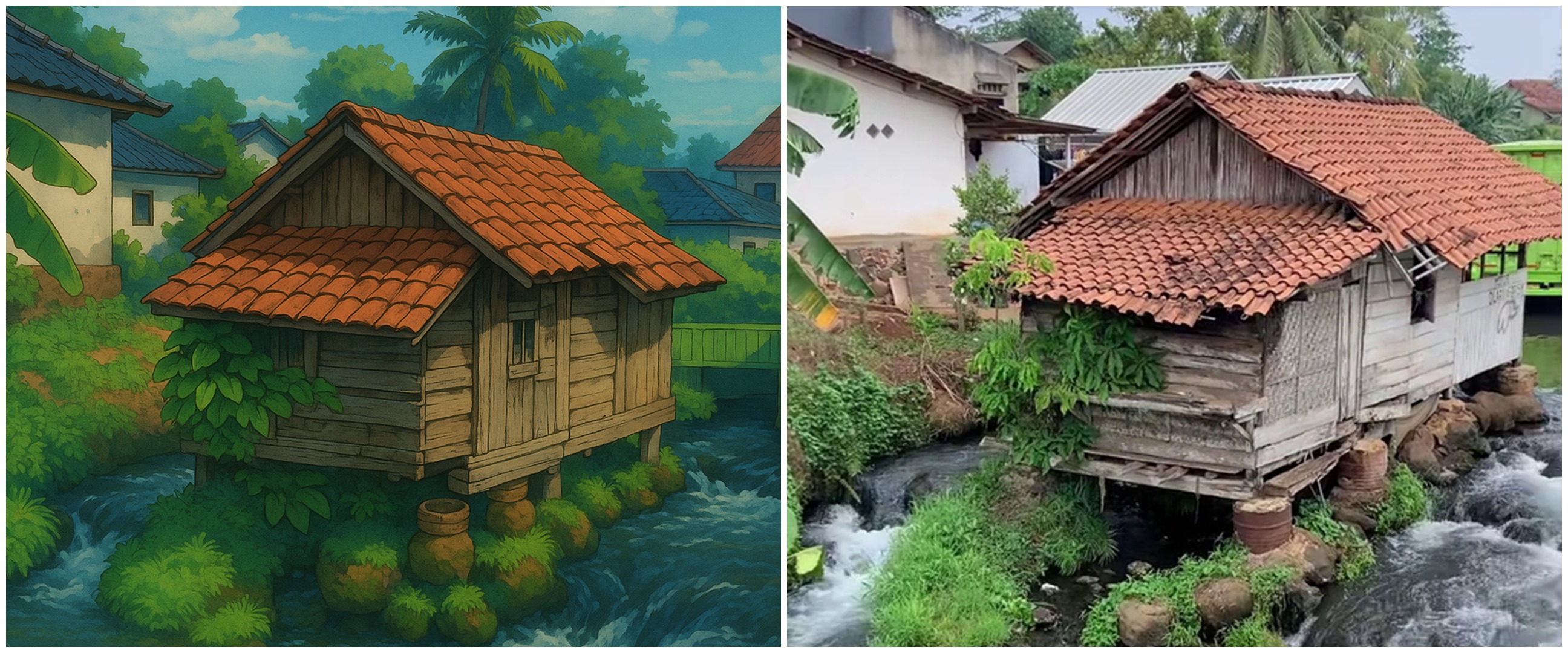 Rumah sederhana pinggir sungai di Lampung ini bak keluar dari film Ghibli, potretnya adem dan estetik