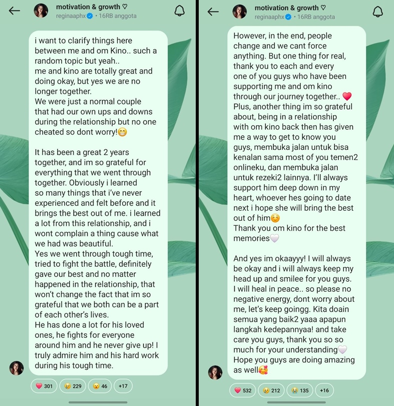 2 Tahun pacaran, Regina Phoenix umumkan putus dari Niko Al Hakim 'Okin', tegaskan hal ini