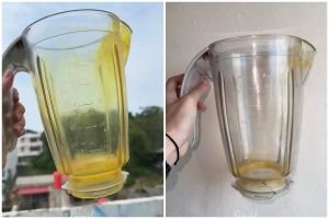 Tanpa dicuci air, sekarang begini trik mengembalikan gelas blender penuh noda kunyit jadi bersih lagi