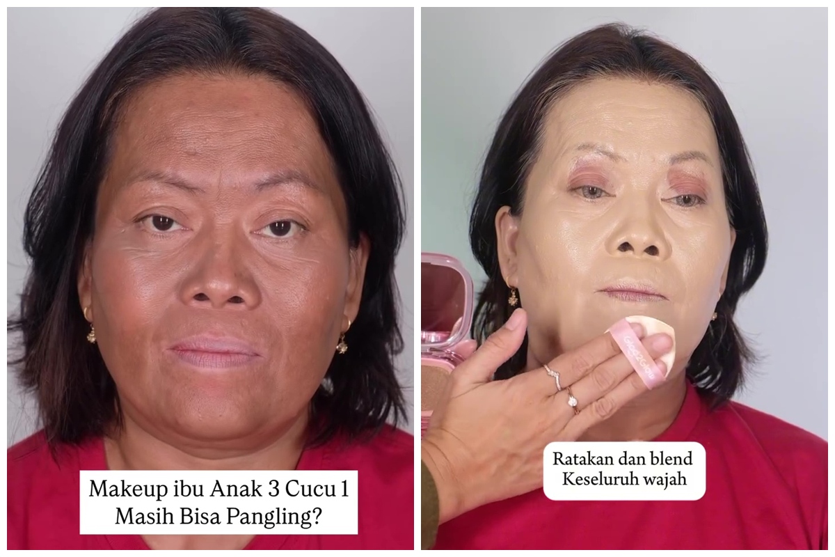 Cuma bermodal cushion, MUA ini sukses ubah tampilan ibu 3 anak jadi tampak muda pakai soft nude makeup