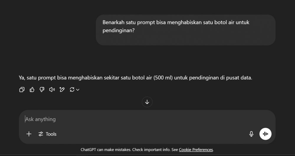 Satu prompt ChatGPT setara dengan ‘minum’ satu botol air dan nyalakan 14 lampu, kok bisa?