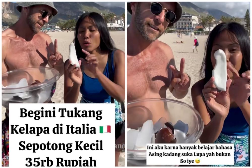 Wanita Sunda liburan di pantai Italia jajan kelapa tua sepotong Rp 35 ribu, bisa bikin keremian nggak?