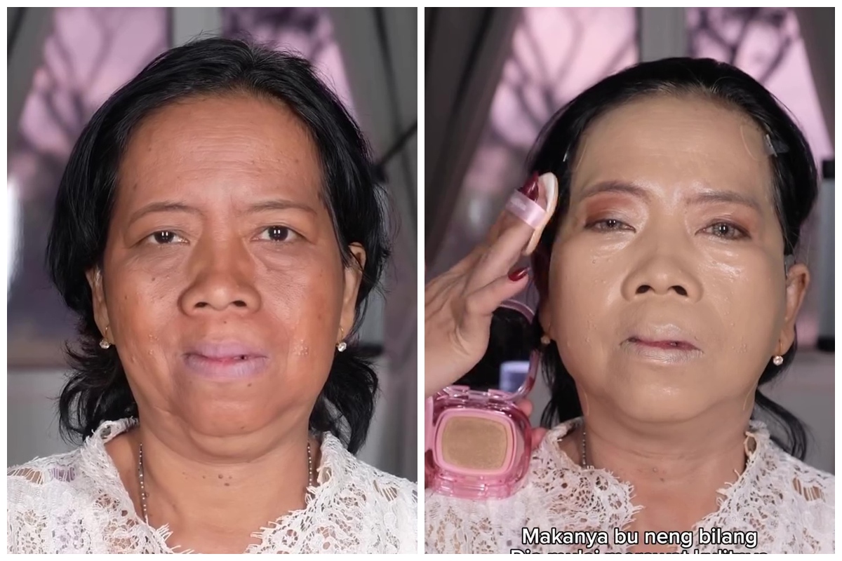 Emak-emak ini tampil bak Barbie usai dirias glam makeup, transformasi before afternya bikin melongo