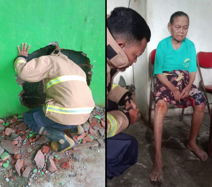 Detik menegangkan damkar evakuasi nenek di Gresik yang terjebak di celah rumah, jebol tembok tetangga