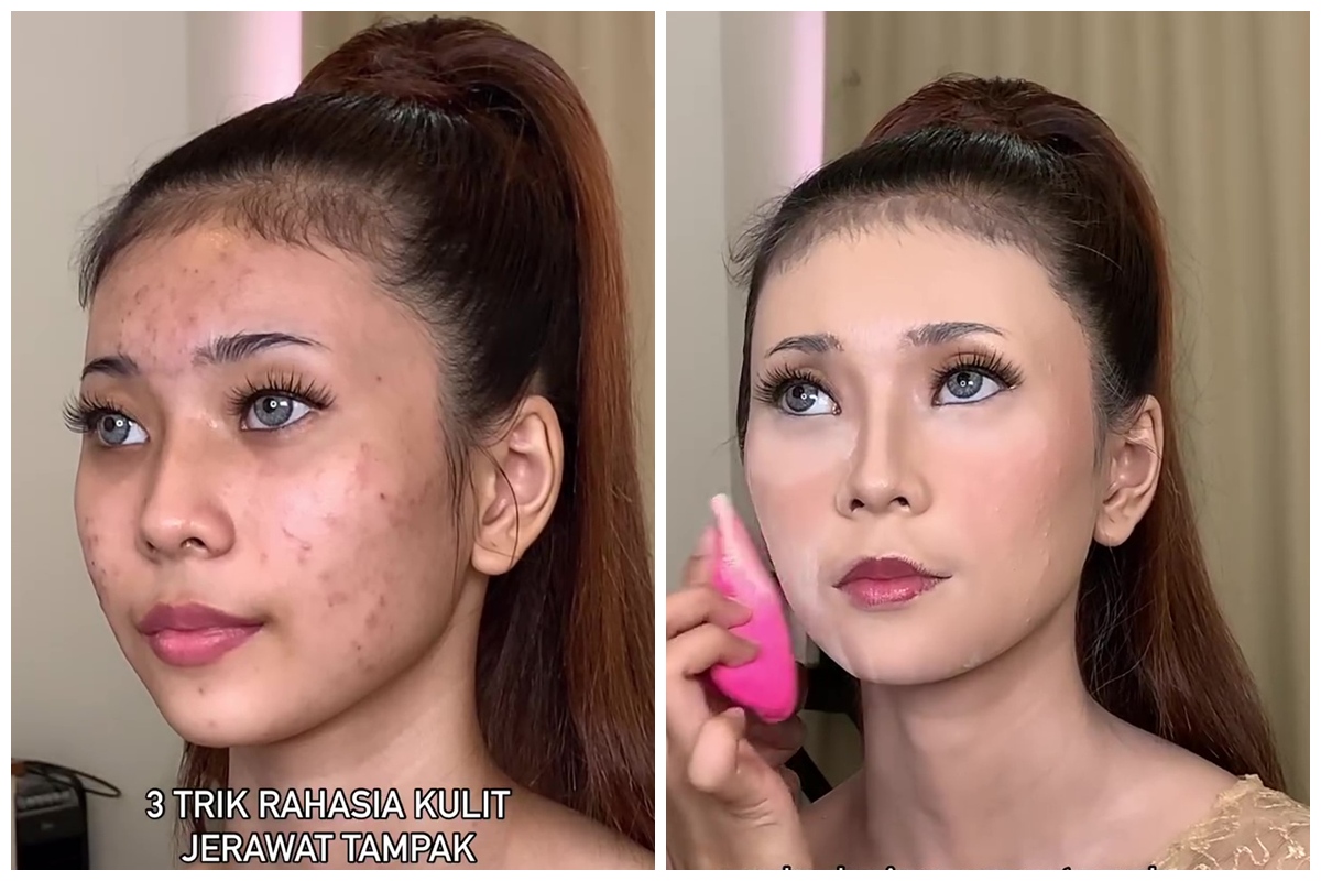 Transformasi cewek berjerawat dimakeup bold ini tampak halus bak tanpa tekstur, MUA bongkar rahasianya