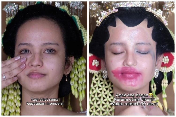 Pakai siger dan paes, transformasi pengantin retouch makeup ini pangling meski cuma beda warna lipstik