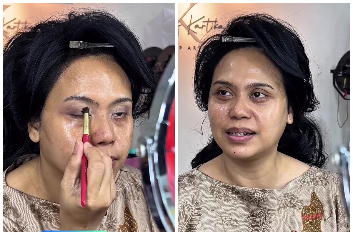 Belajar makeup sendiri, transformasi ibu-ibu dandan ini hasilnya flawless bak karya MUA profesional