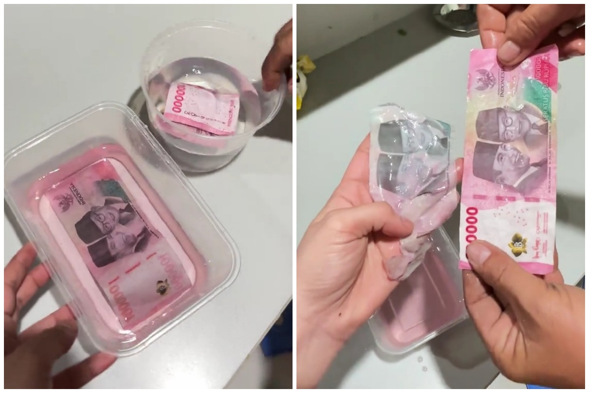 Ditolak mesin saat setor tunai, ternyata duit Rp100 ribu ini dicelupkan air langsung luntur dan pudar