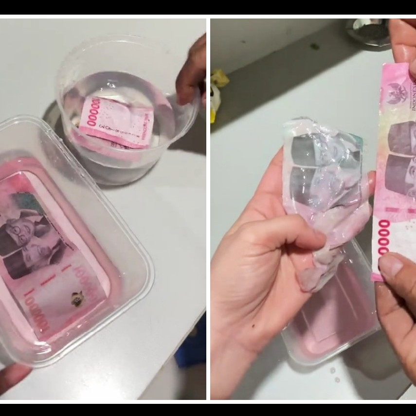 Ditolak mesin saat setor tunai, ternyata duit Rp100 ribu ini dicelupkan air langsung luntur dan pudar