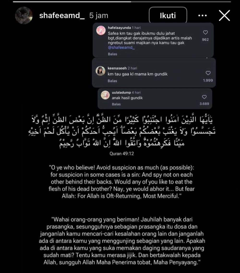 Mendapatkan komentar kebencian, balasan Safeea Ahmad anak Mulan Jameela tuai simpati