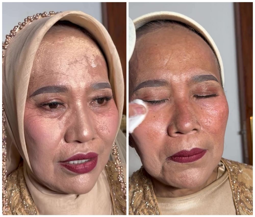 Complexion luntur dan cakey, transformasi ibu pengantin dirias ulang ini mulus cuma pakai cushion