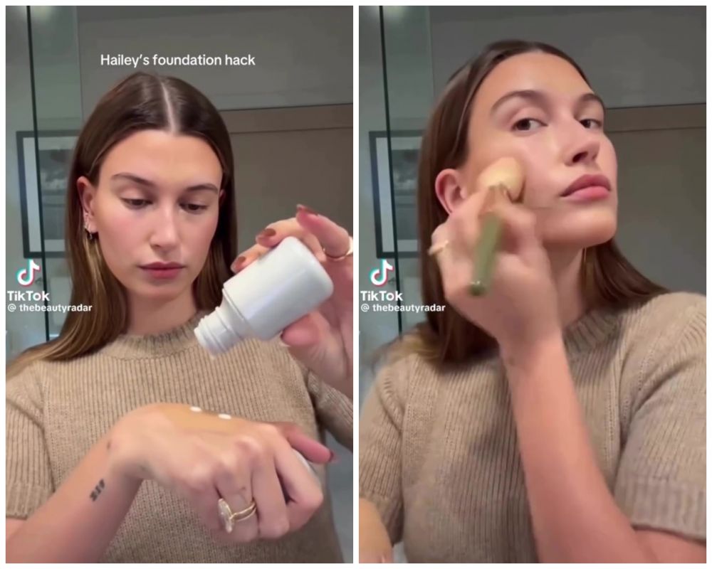 Wanita ini campur 2 produk untuk jajal foundation hacks ala Hailey Bieber, flawless bak second skin