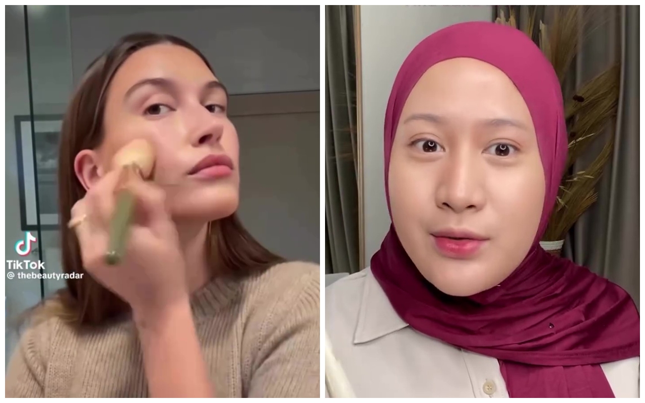 Wanita ini campur 2 produk untuk jajal foundation hacks ala Hailey Bieber, flawless bak second skin
