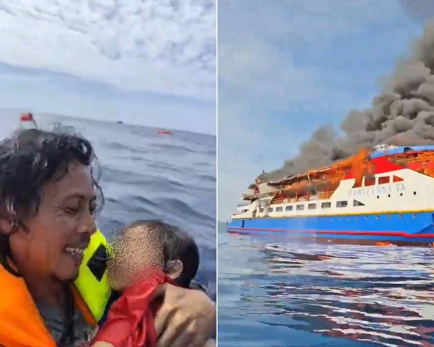 Momen menegangkan pria selamatkan balita di laut usai kebakaran KM Barcelona, keduanya selamat