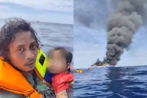 Momen menegangkan pria selamatkan balita di laut usai kebakaran KM Barcelona, keduanya selamat