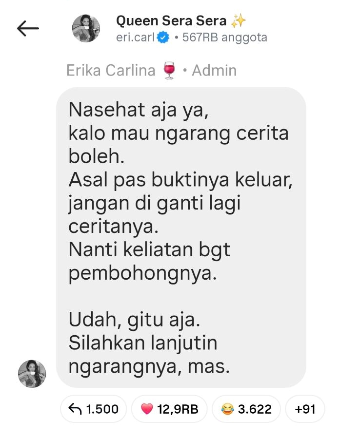 Balasan Erika Carlina usai DJ Panda klarifikasi, bongkar isi chat dan kebohongan 