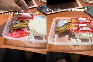 Lagi asyik mau makan, cowok ini bingung kenapa saus di bekalnya ternyata obat batuk