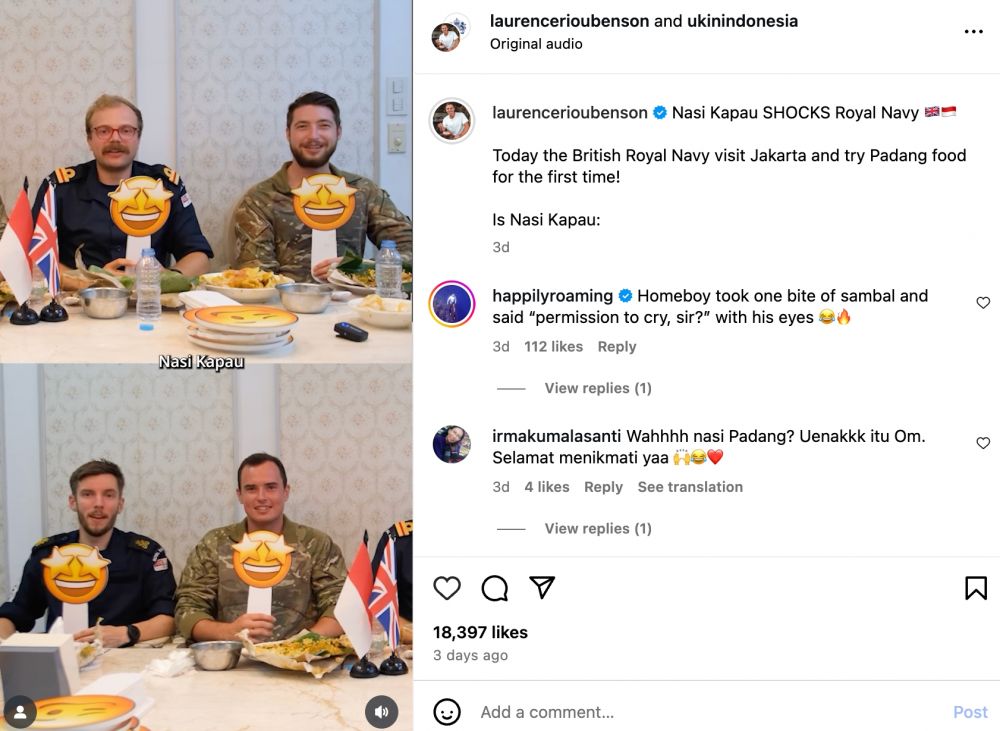 Anggota Angkatan Laut Kerajaan Inggris santap nasi kapau, dari penasaran sampai beri rating tinggi