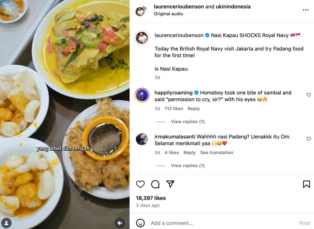 Anggota Angkatan Laut Kerajaan Inggris santap nasi kapau, dari penasaran sampai beri rating tinggi