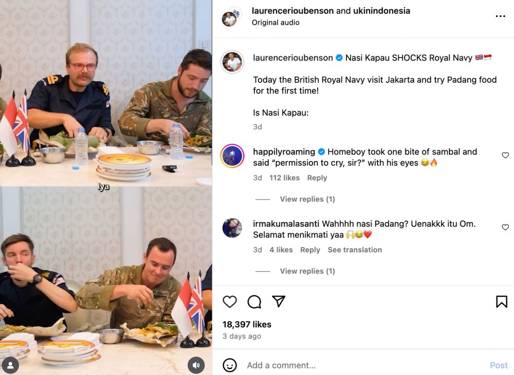 Anggota Angkatan Laut Kerajaan Inggris santap nasi kapau, dari penasaran sampai beri rating tinggi