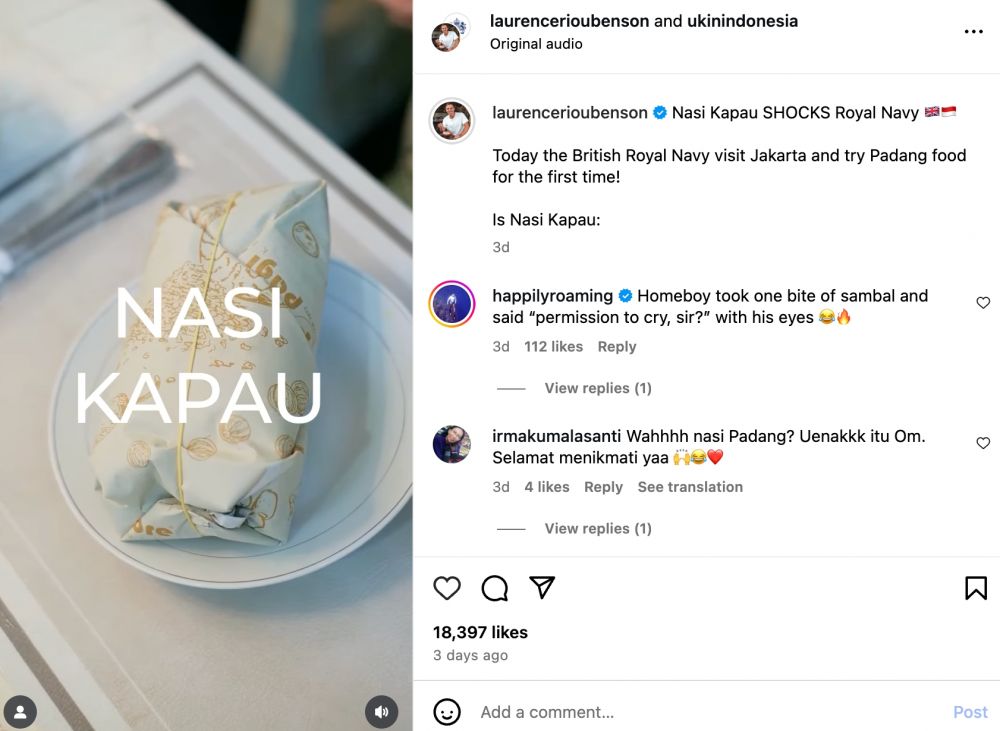 Anggota Angkatan Laut Kerajaan Inggris santap nasi kapau, dari penasaran sampai beri rating tinggi