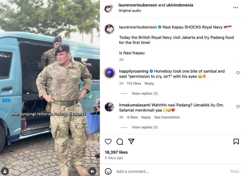 Anggota Angkatan Laut Kerajaan Inggris santap nasi kapau, dari penasaran sampai beri rating tinggi