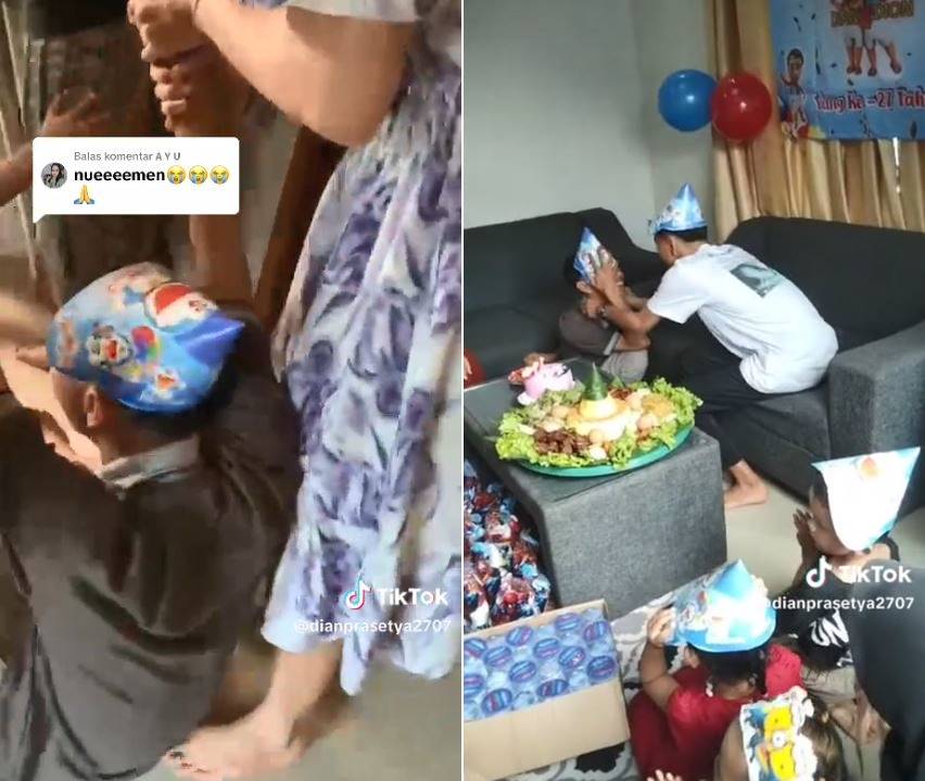 Momen pria kembar rayakan ulang tahun ke-27 bareng bocah cilik ini kocak, disebut bayi kadaluarsa