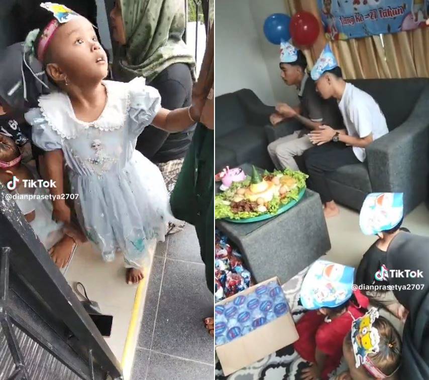 Momen pria kembar rayakan ulang tahun ke-27 bareng bocah cilik ini kocak, disebut bayi kadaluarsa