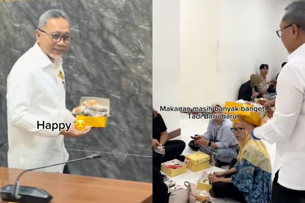 Aksi Menko Pangan Indonesia Zulkifli Hasan kumpulin kue rapat jadi 1 kotak, kira-kira dikasih siapa?