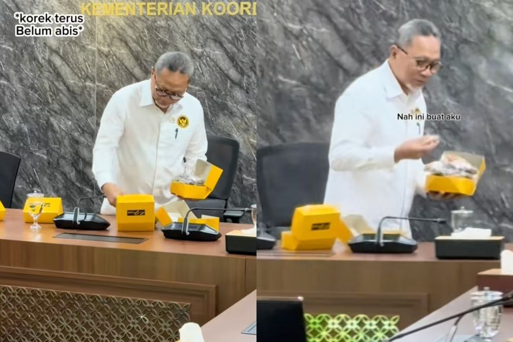 Aksi Menko Pangan Indonesia Zulkifli Hasan kumpulin kue rapat jadi 1 kotak, kira-kira dikasih siapa?