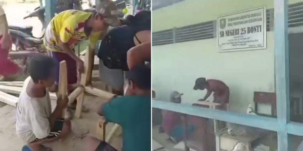 Sekolah rusak tak kunjung diperbaiki, wali murid dan guru SDN 25 Bonti gotong royong buat meja kursi