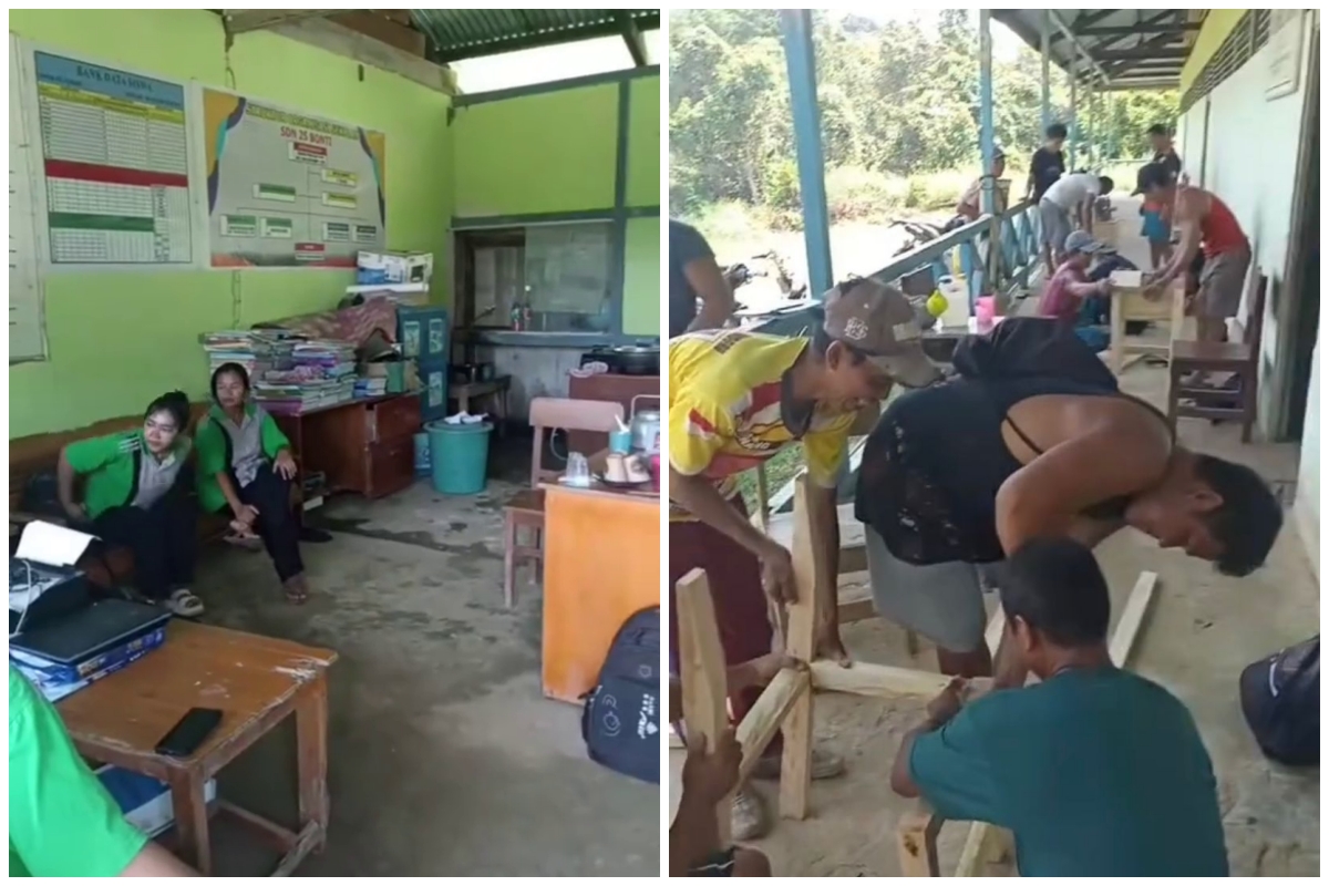 Sekolah rusak tak kunjung diperbaiki, wali murid dan guru SDN 25 Bonti gotong royong buat meja kursi