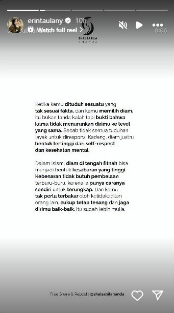Rumah tangganya dengan Andre Taulany tengah goyah, ini curhatan Erin Taulany di unggahan soal fitnah