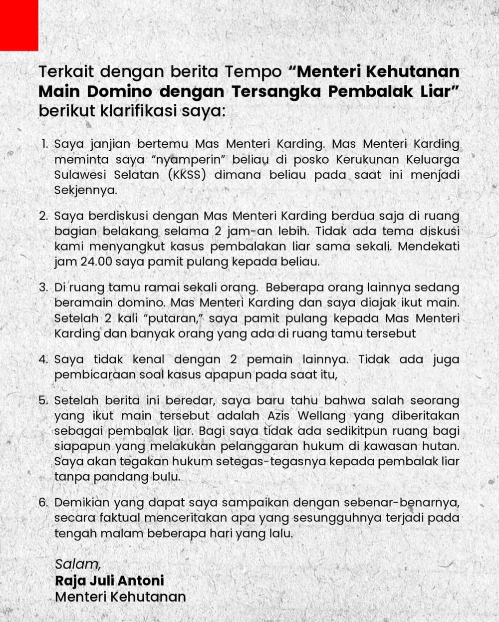 Sosok Raja Juli Antoni, menteri kehutanan yang viral usai main domino dengan tersangka pembalakan liar