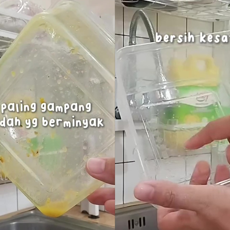 Sering kesulitan mencuci kotak makan plastik yang penuh minyak? Coba cara ini biar lebih praktis