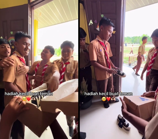 Momen satu kelas kompak patungan beli sepatu untuk temannya, reaksi saat diberi kejutan bikin haru