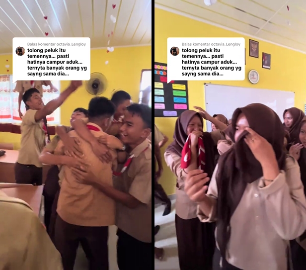 Momen satu kelas kompak patungan beli sepatu untuk temannya, reaksi saat diberi kejutan bikin haru