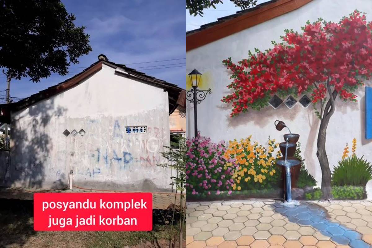 Awalnya kumuh dan penuh coretan, tembok bangunan posyandu ini jadi estetik usai dilukis wanita ini