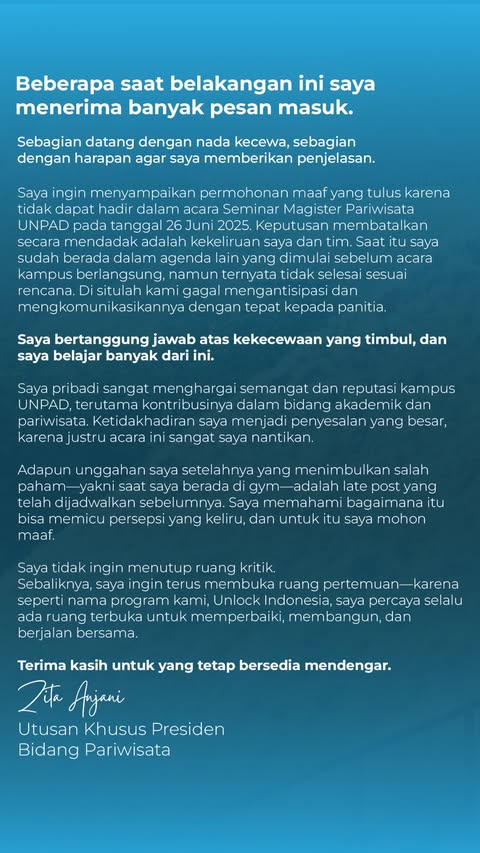 Zita Anjani dikritik usai dituding batalkan isi seminar di UNPAD malah nge-gym, begini klarifikasinya