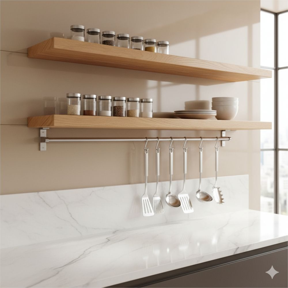 5 Desain rak dapur kayu dan bumbu gantung, bikin alat masak tertata rapi dan estetik