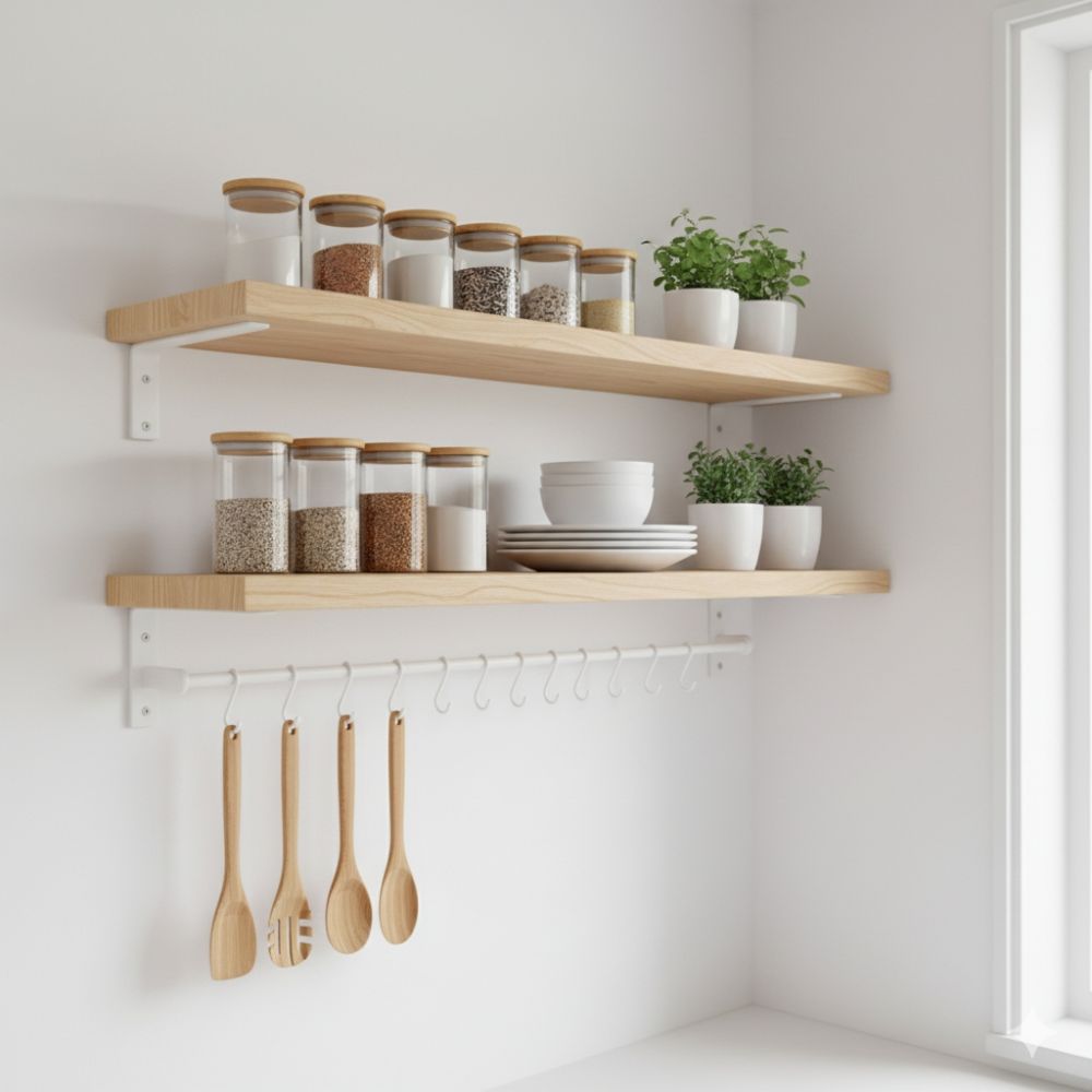 5 Desain rak dapur kayu dan bumbu gantung, bikin alat masak tertata rapi dan estetik