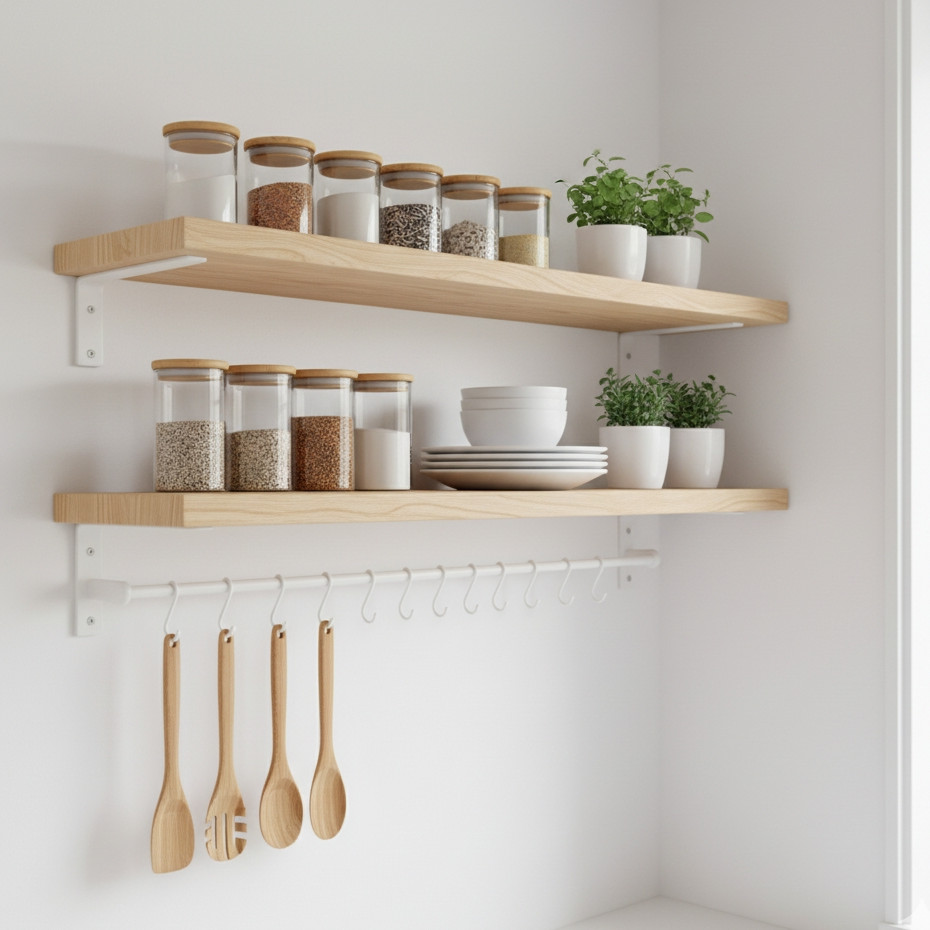 5 Desain rak dapur kayu dan bumbu gantung, bikin alat masak tertata rapi dan estetik