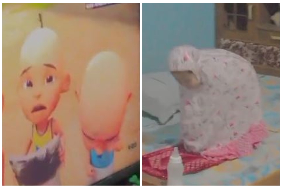 Ekspresi malunya imut abis, ini momen kocak ayah pergoki anaknya salat menghadap TV nonton Upin Ipin