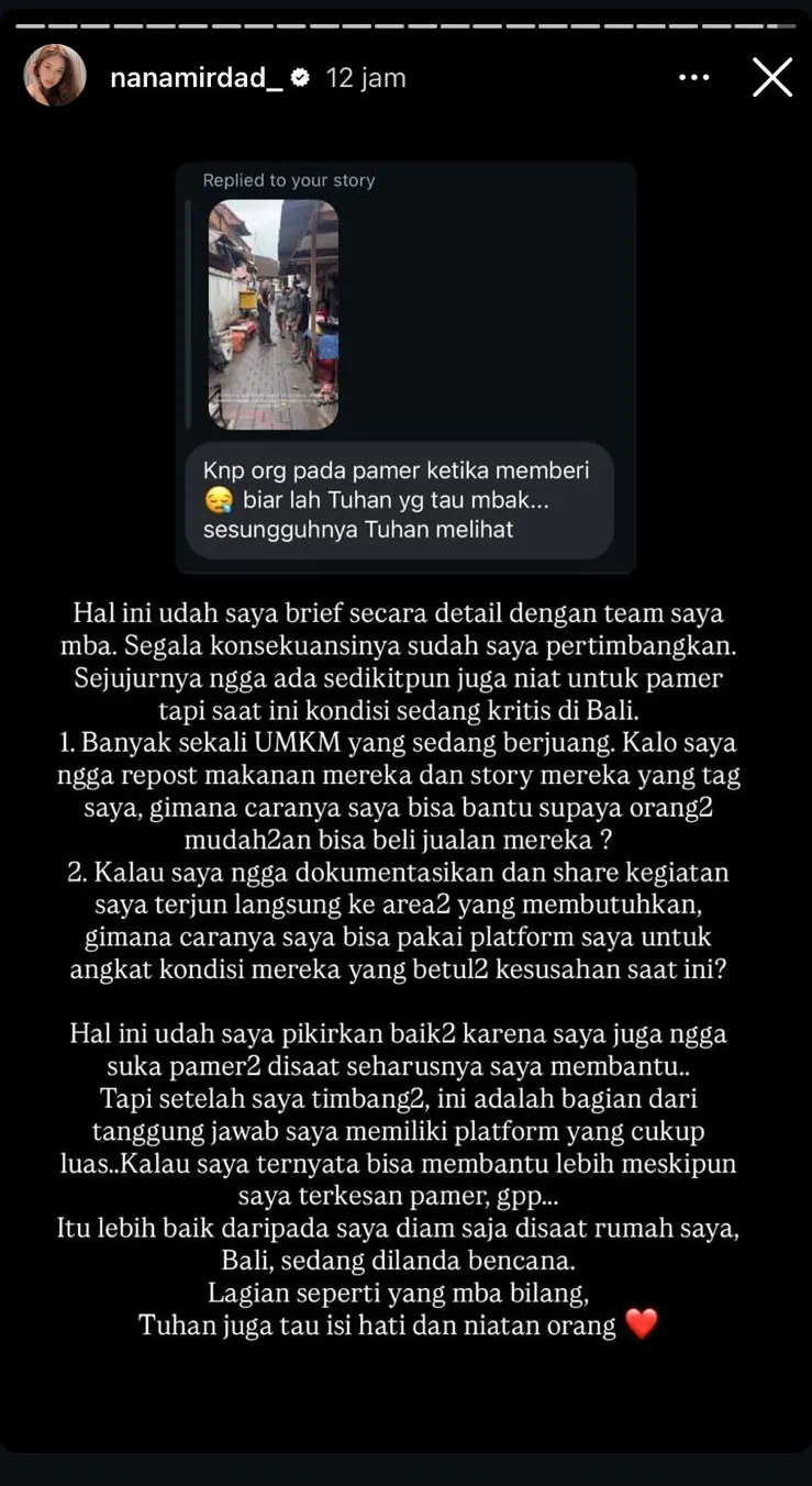 Dituding berniat pamer saat bagi bantuan banjir Bali, Nana Mirdad deri jawaban bijak