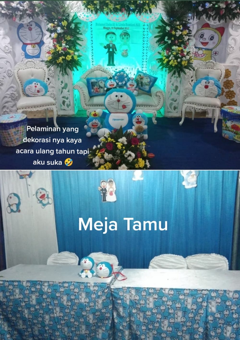 11 Potret pernikahan ini usung tema Doraemon, maskawin emasnya dibuat khusus hingga pelaminan unik