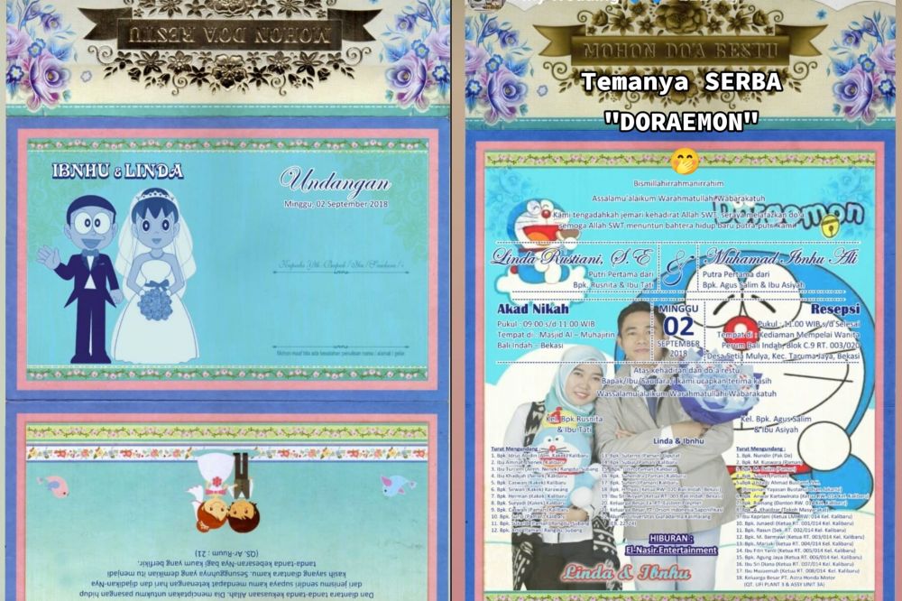 11 Potret pernikahan ini usung tema Doraemon, maskawin emasnya dibuat khusus hingga pelaminan unik