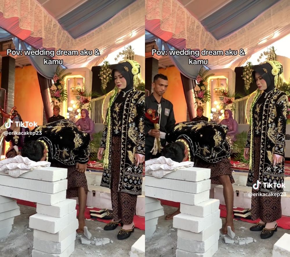 Viral aksi mempelai pria unjuk kekuatan di acara pernikahan, ekspresi pengantin wanita tersipu malu