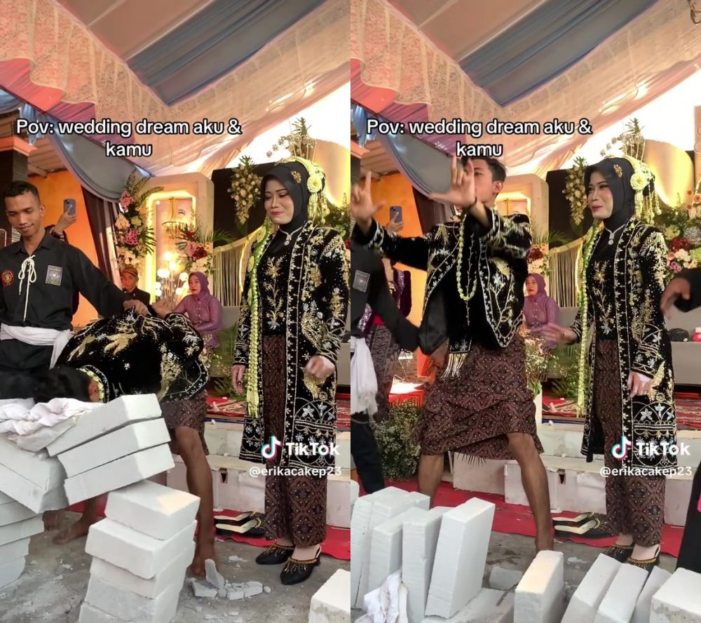 Viral aksi mempelai pria unjuk kekuatan di acara pernikahan, ekspresi pengantin wanita tersipu malu