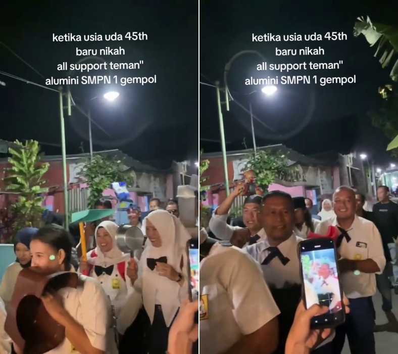 Teman seangkatan menikah di usia 45 tahun, alumni datang dengan cosplay seragam masa SMP bikin ngakak