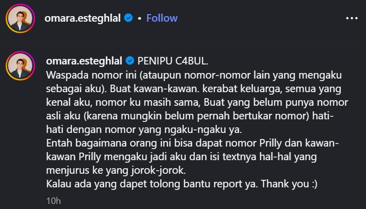 Geram namanya dipakai penipu untuk kirim chat tak senonoh, begini peringatan keras Omara Esteghlal